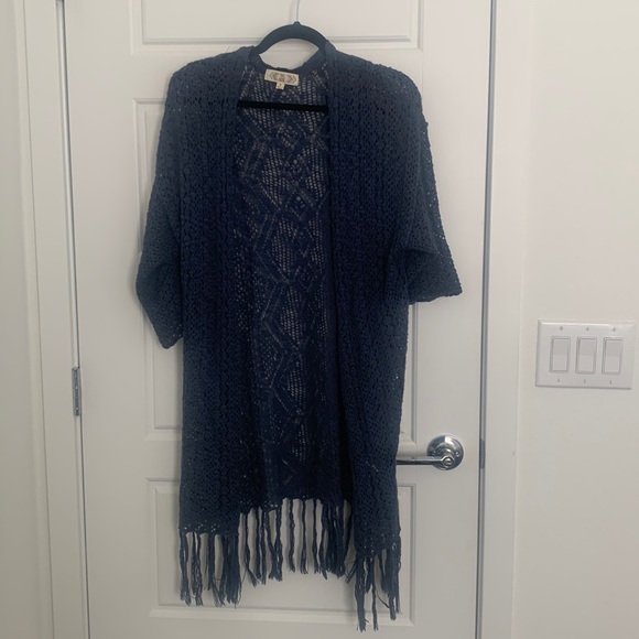 Pink Rose Sweaters - Pink Rose Navy Blue Crochet Duster